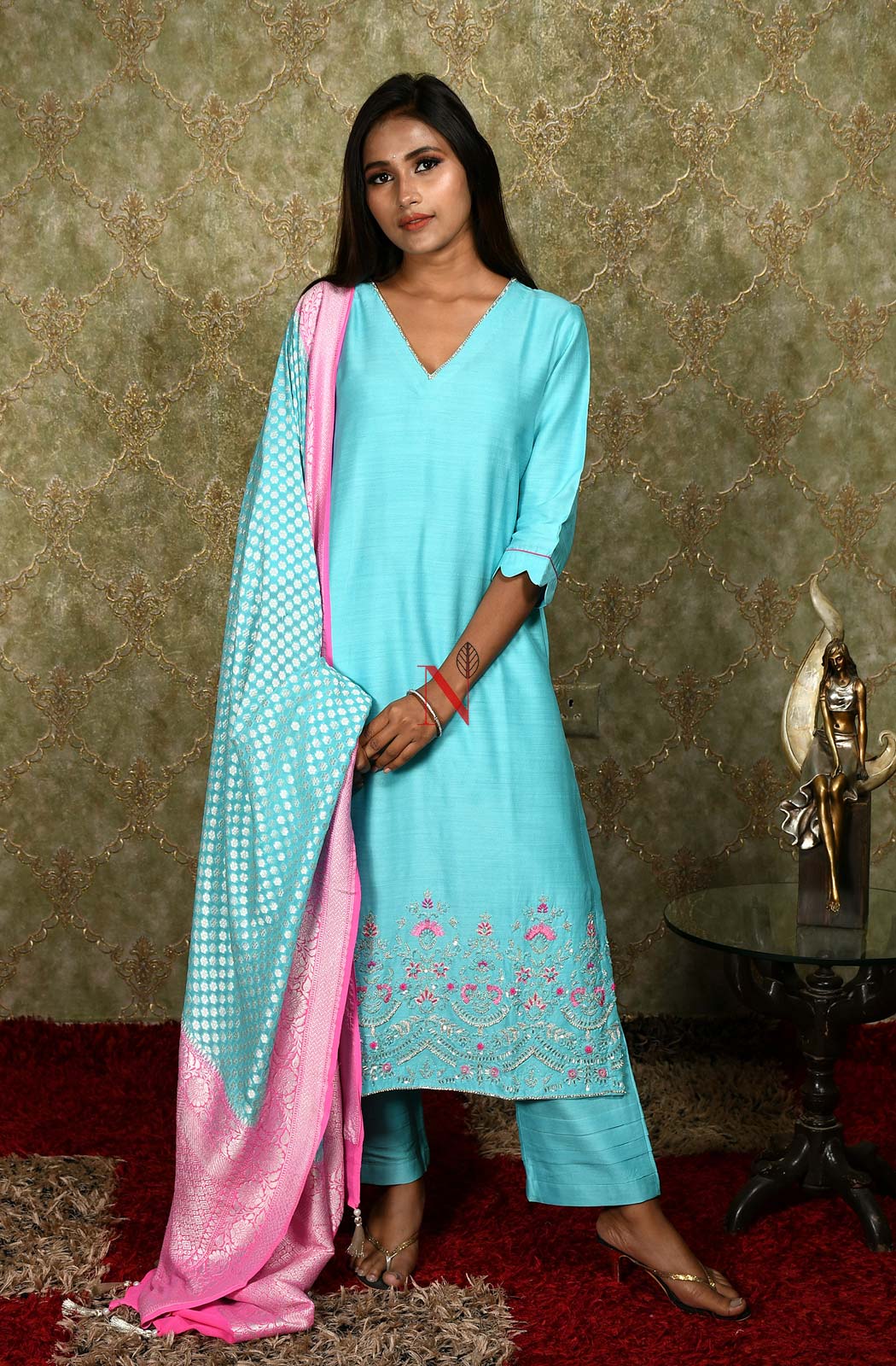 Firozi Pure Muga Silk Hand Embroidered Suit Set - Naksheband