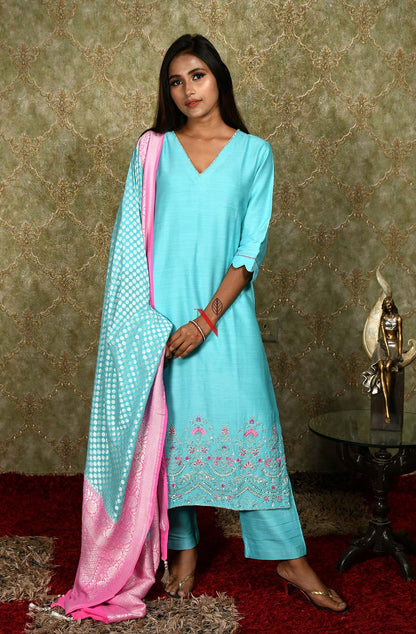Firozi Pure Muga Silk Hand Embroidered Suit Set - Naksheband