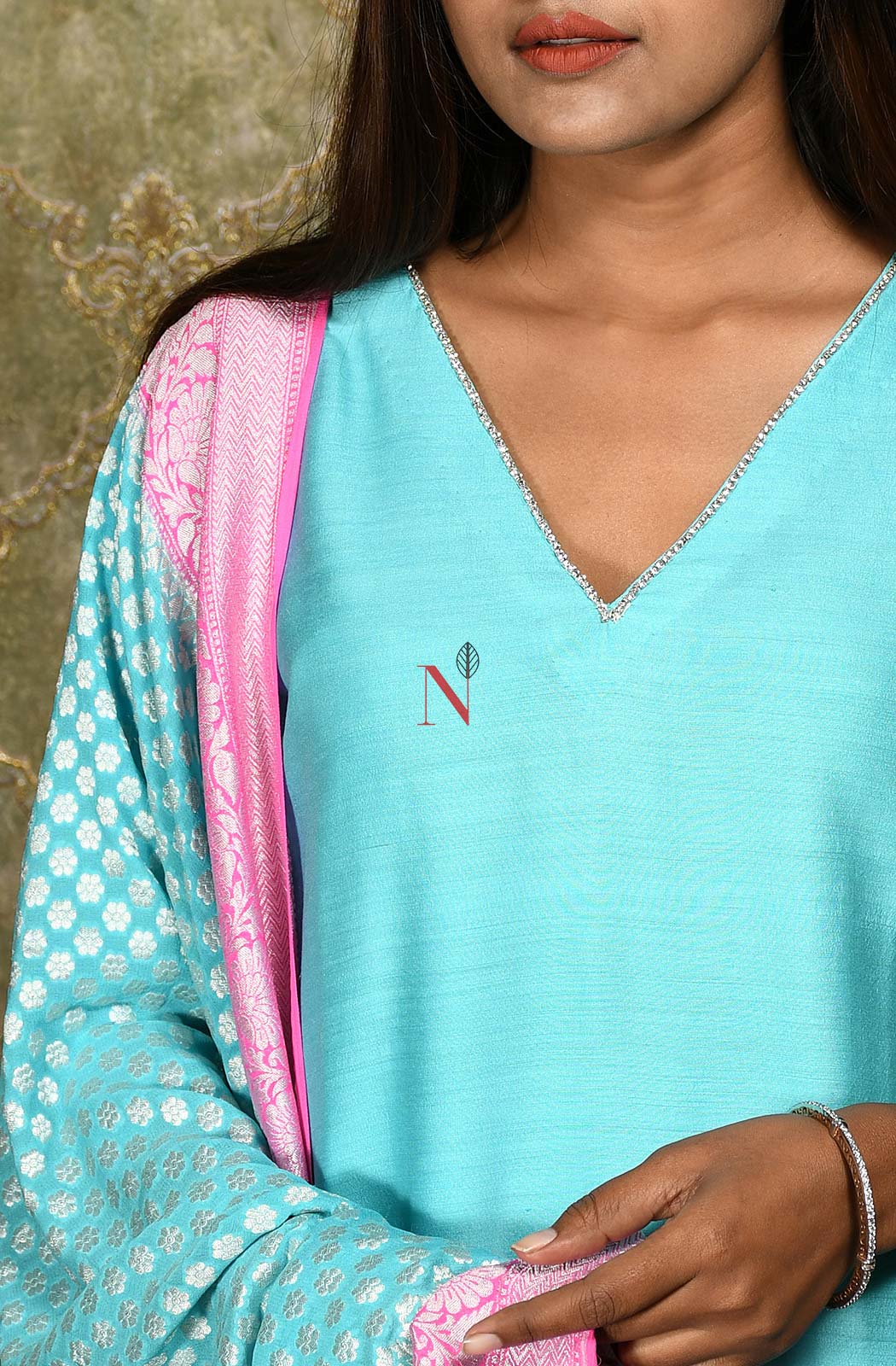 Firozi Pure Muga Silk Hand Embroidered Suit Set - Naksheband