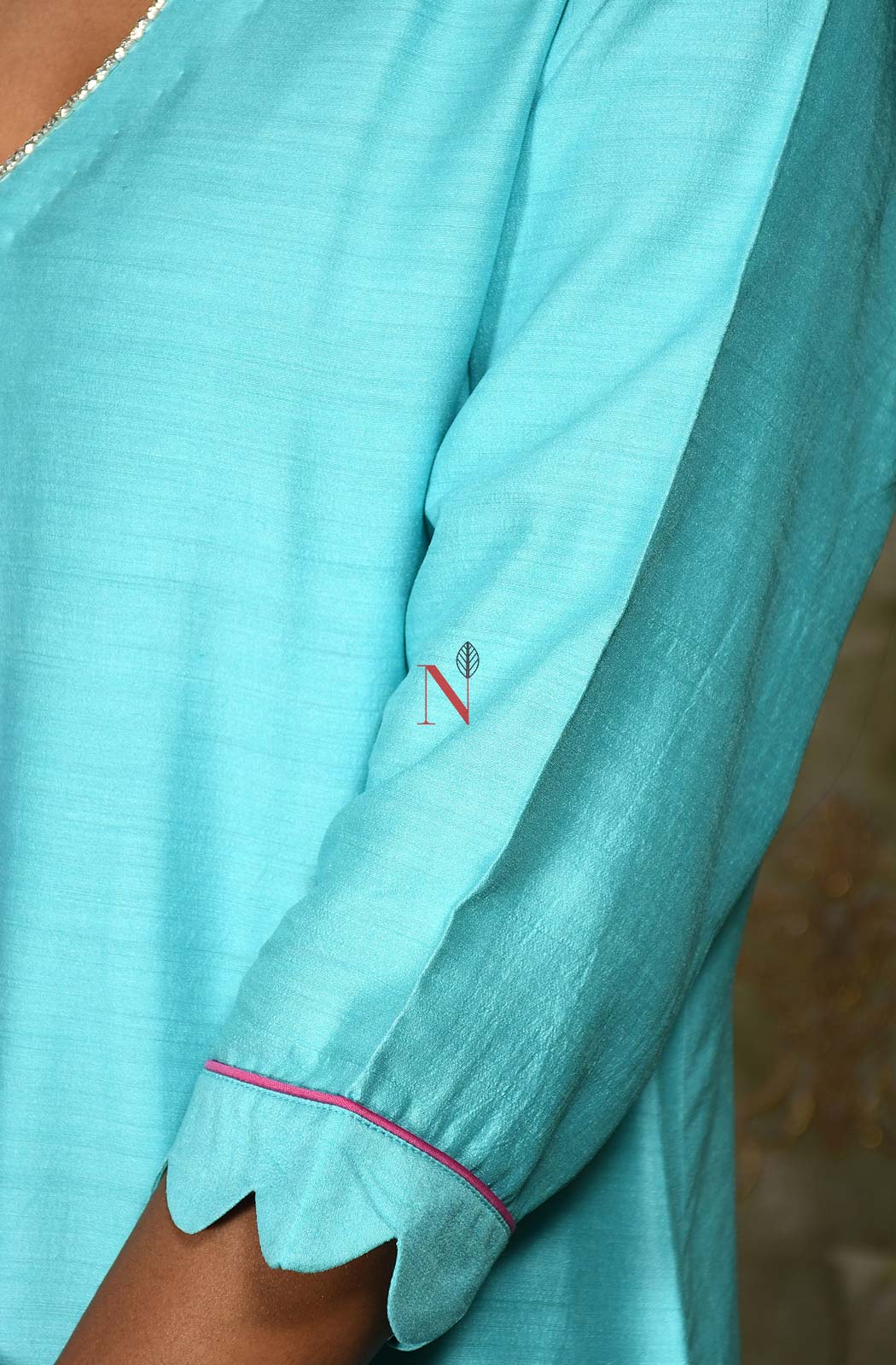 Firozi Pure Muga Silk Hand Embroidered Suit Set - Naksheband