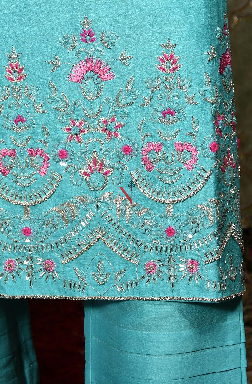 Firozi Pure Muga Silk Hand Embroidered Suit Set - Naksheband