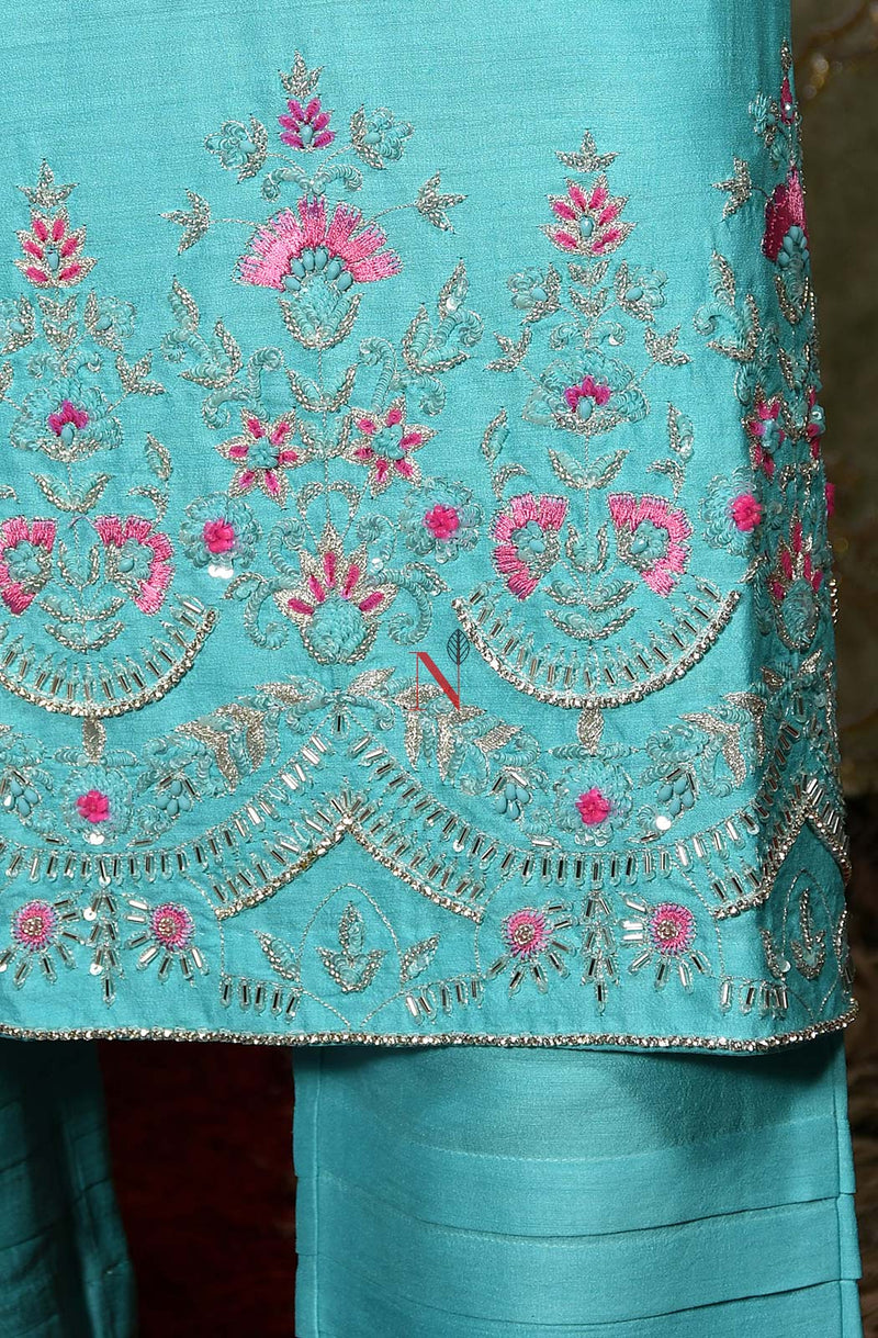 Firozi Pure Muga Silk Hand Embroidered Suit Set
