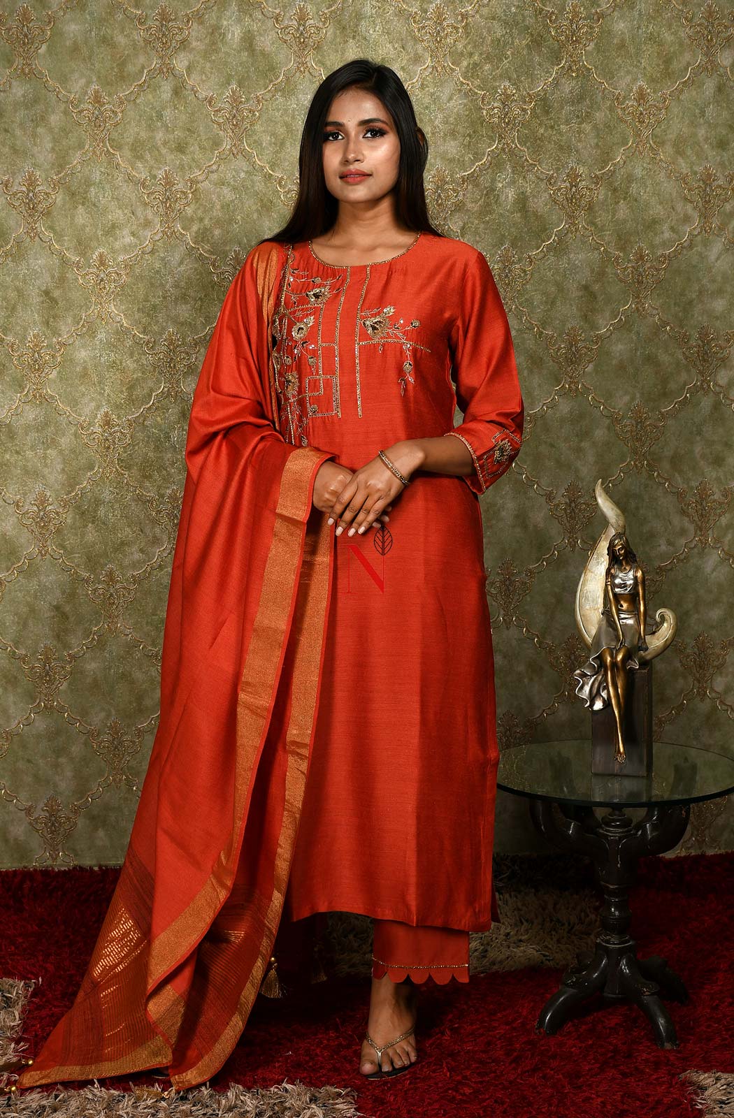 Rust Pure Muga Silk Hand Embroidered Suit Set - Naksheband