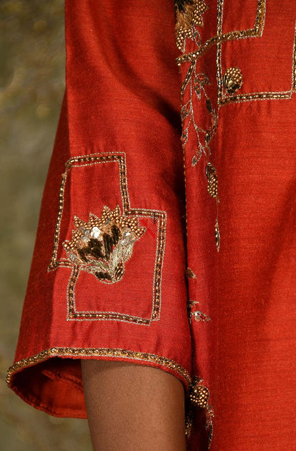 Rust Pure Muga Silk Hand Embroidered Suit Set - Naksheband