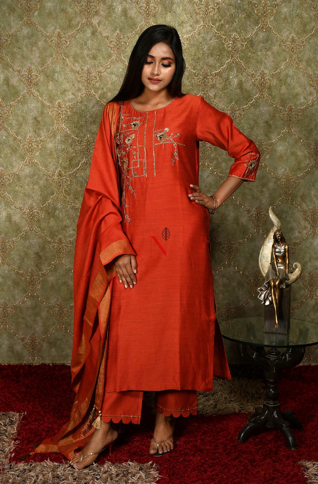 Rust Pure Muga Silk Hand Embroidered Suit Set - Naksheband