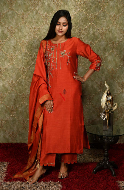 Rust Pure Muga Silk Hand Embroidered Suit Set - Naksheband