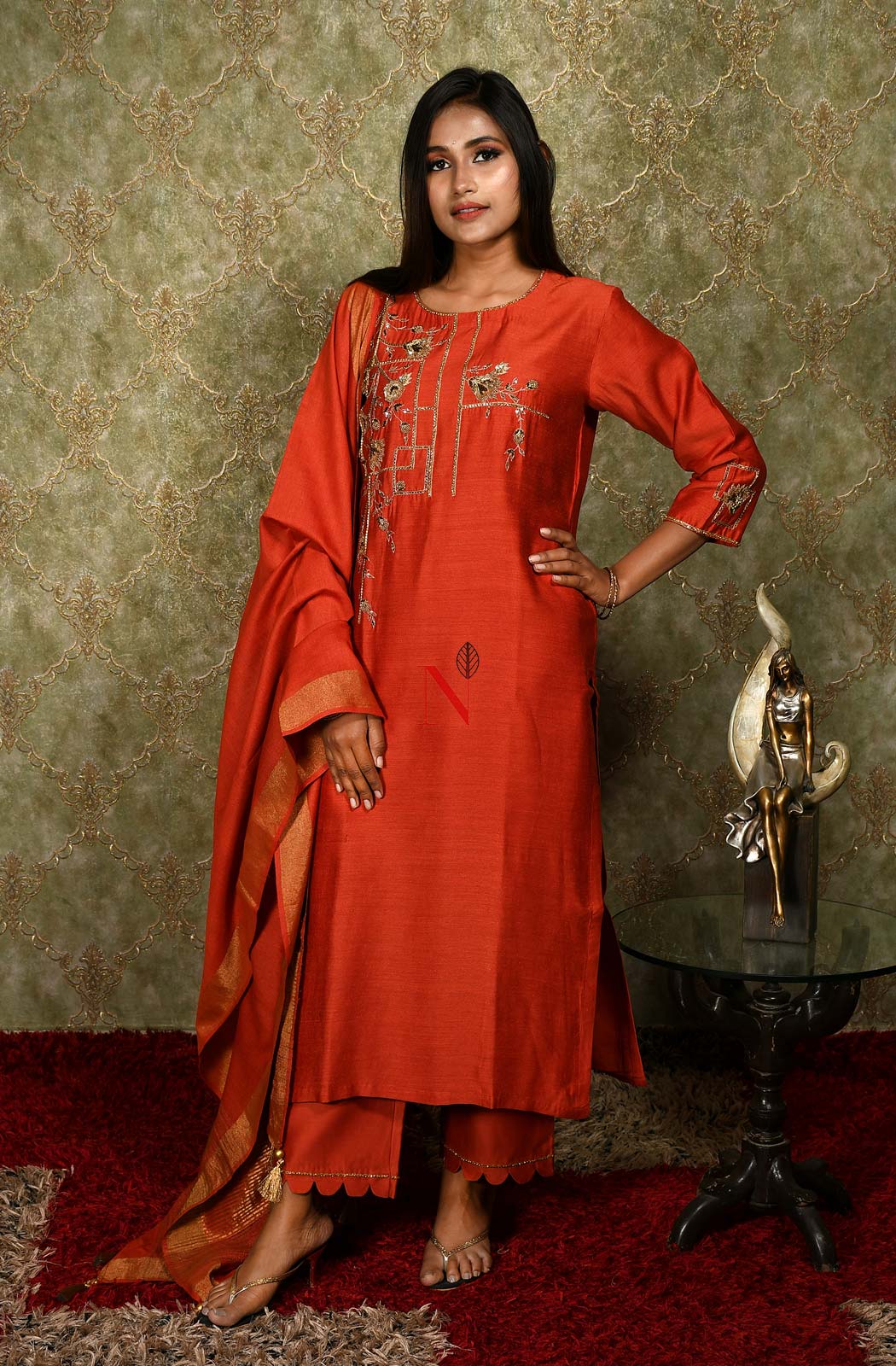 Rust Pure Muga Silk Hand Embroidered Suit Set - Naksheband