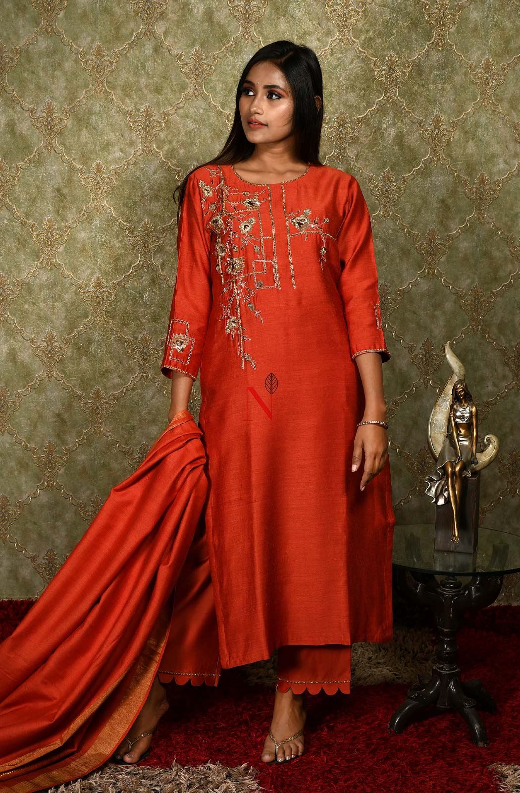 Rust Pure Muga Silk Hand Embroidered Suit Set - Naksheband