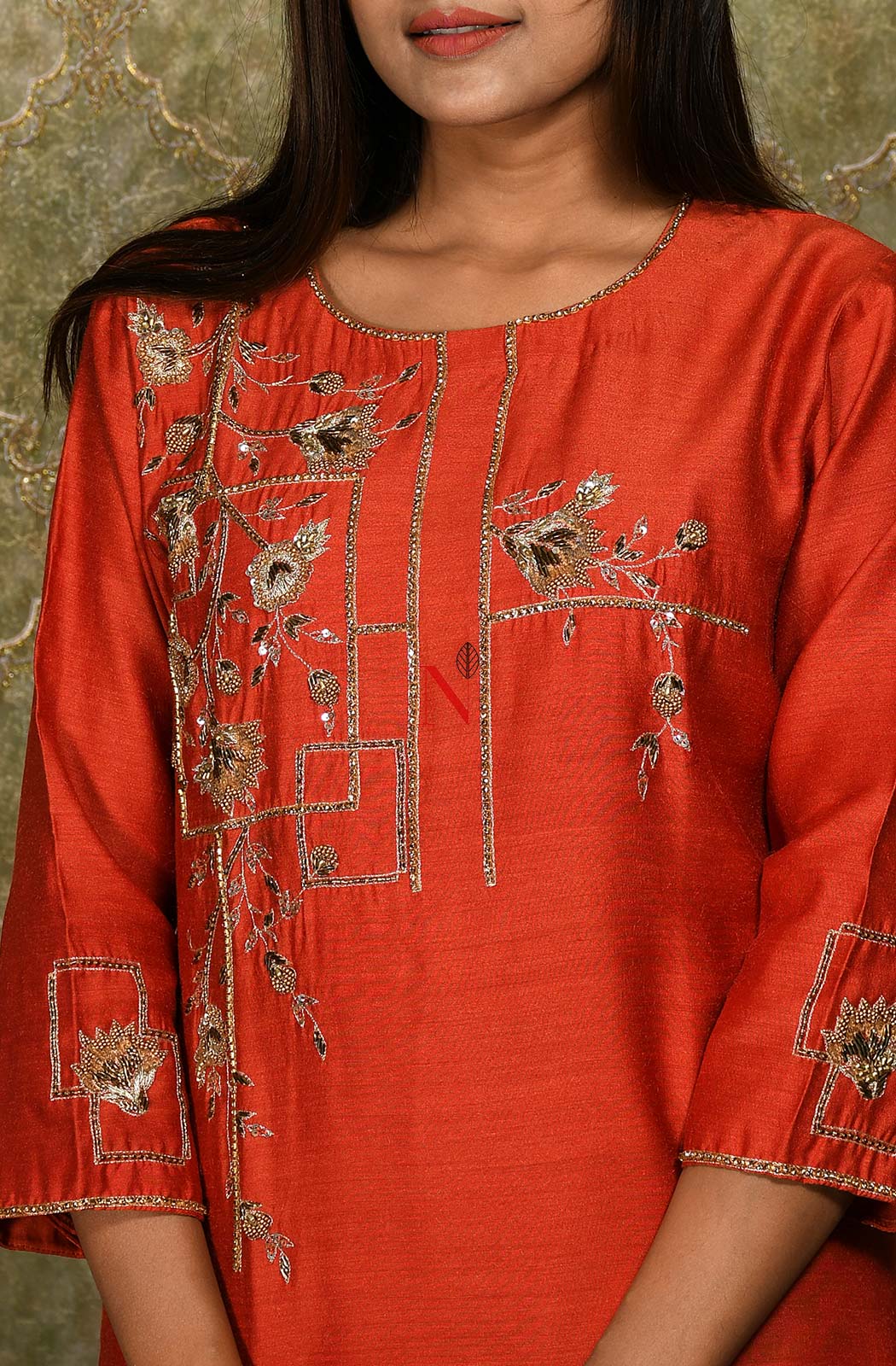 Rust Pure Muga Silk Hand Embroidered Suit Set - Naksheband