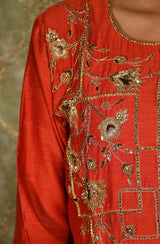 Rust Pure Muga Silk Hand Embroidered Suit Set