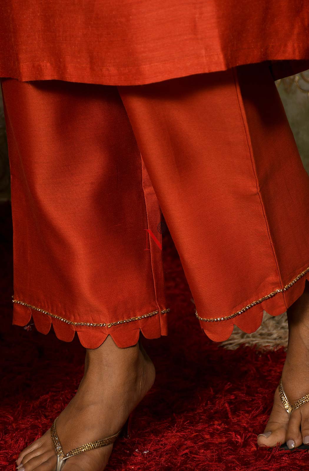 Rust Pure Muga Silk Hand Embroidered Suit Set - Naksheband