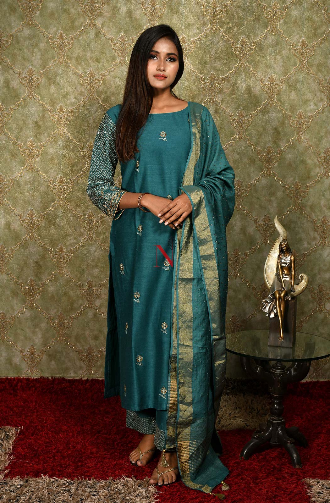 Dark Turquoise Pure Muga Hand Embroidered Suit Set - Naksheband