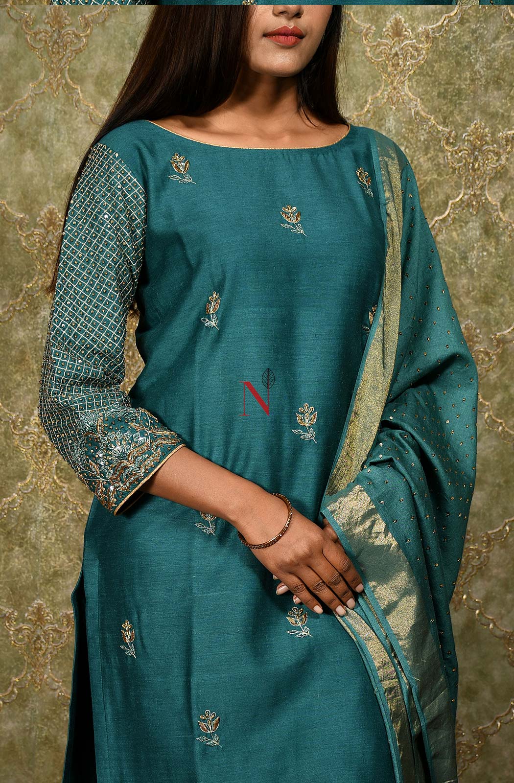 Dark Turquoise Pure Muga Hand Embroidered Suit Set - Naksheband