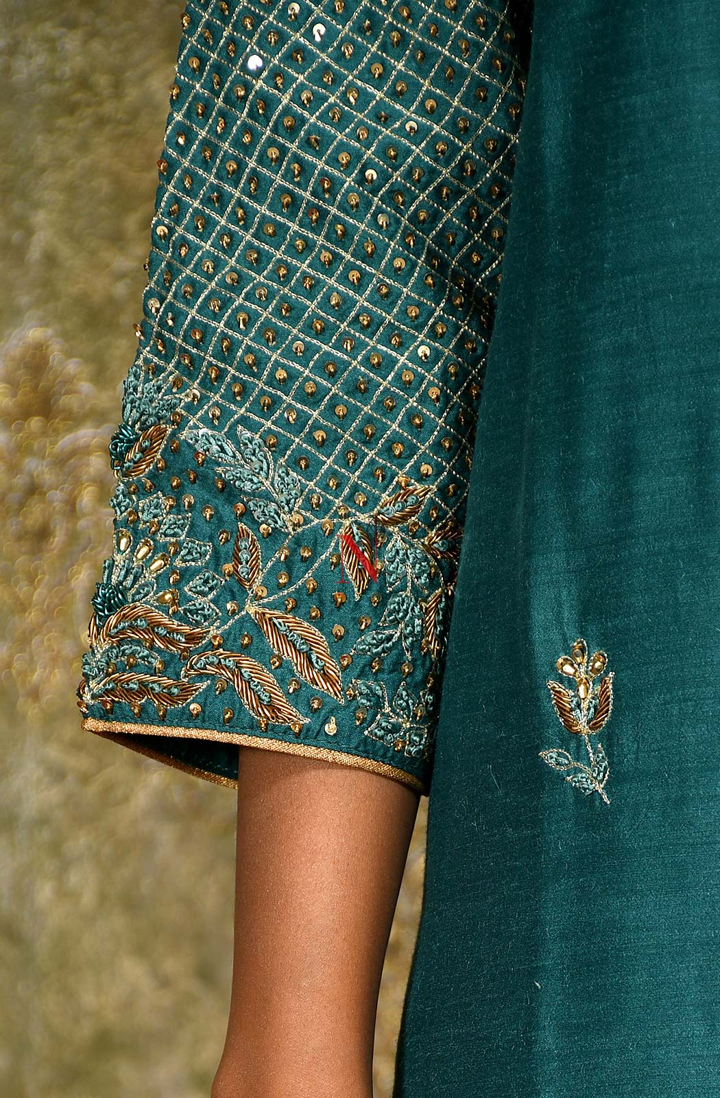 Dark Turquoise Pure Muga Hand Embroidered Suit Set - Naksheband
