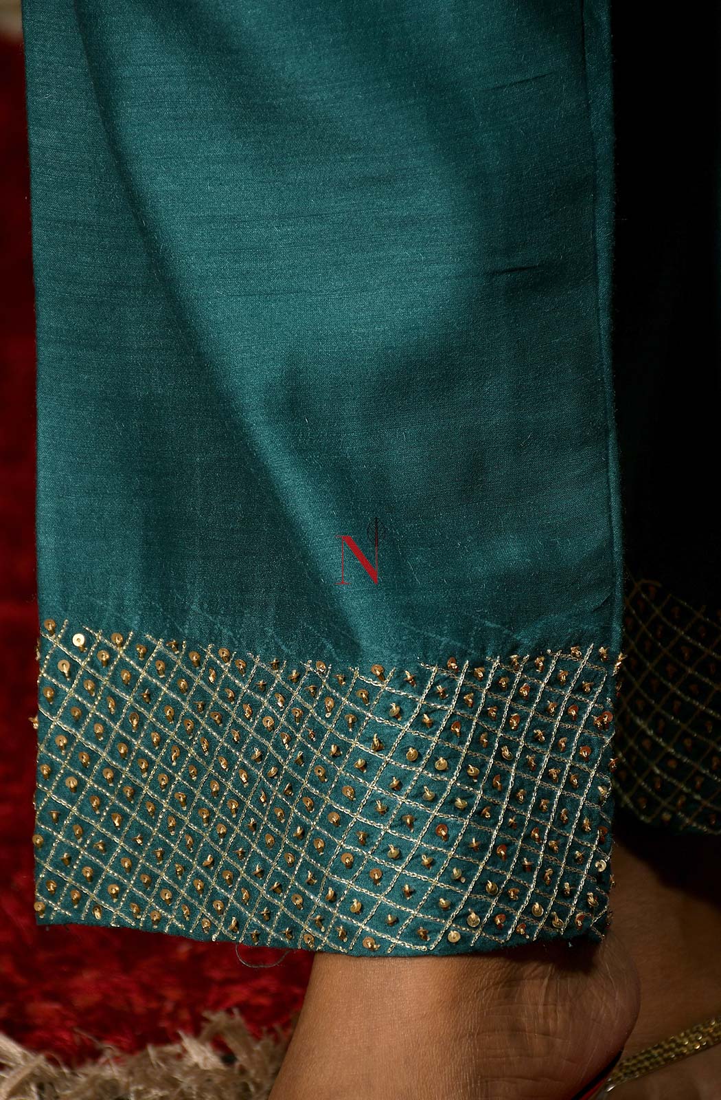 Dark Turquoise Pure Muga Hand Embroidered Suit Set - Naksheband