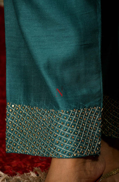 Dark Turquoise Pure Muga Hand Embroidered Suit Set - Naksheband