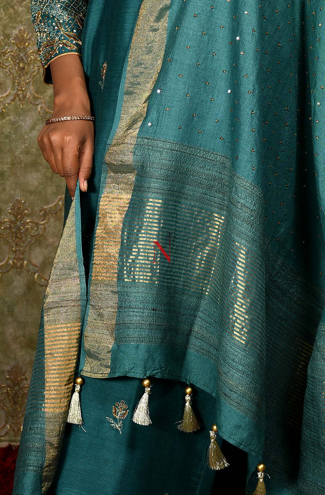 Dark Turquoise Pure Muga Hand Embroidered Suit Set - Naksheband