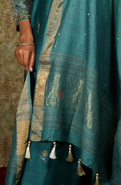 Dark Turquoise Pure Muga Hand Embroidered Suit Set - Naksheband