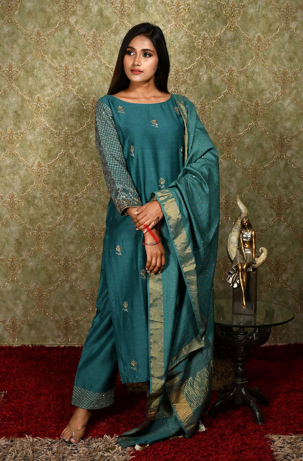 Dark Turquoise Pure Muga Hand Embroidered Suit Set - Naksheband