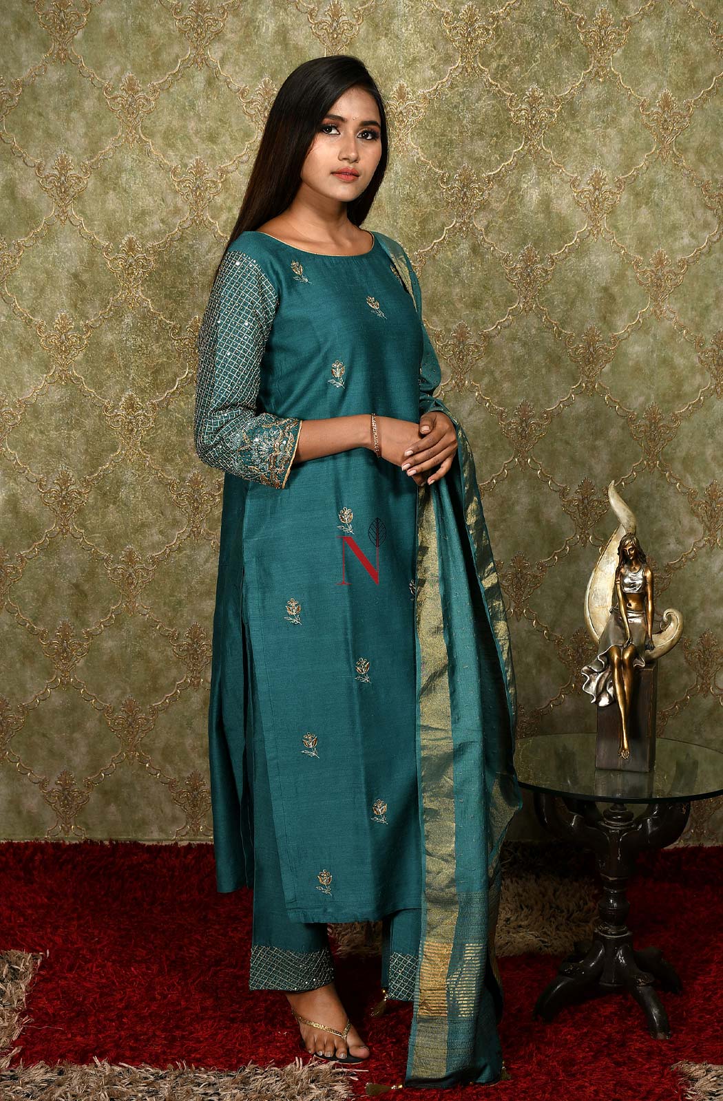 Dark Turquoise Pure Muga Hand Embroidered Suit Set - Naksheband