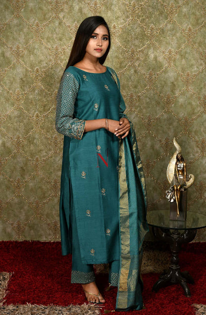 Dark Turquoise Pure Muga Hand Embroidered Suit Set - Naksheband