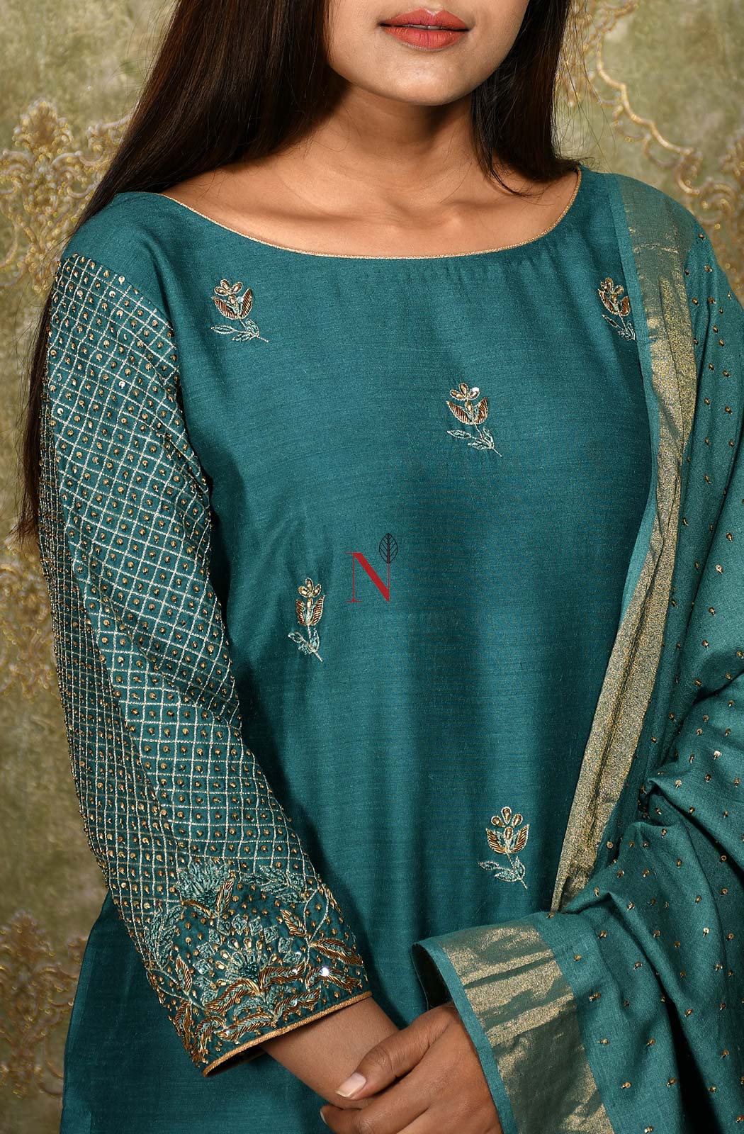 Dark Turquoise Pure Muga Hand Embroidered Suit Set - Naksheband