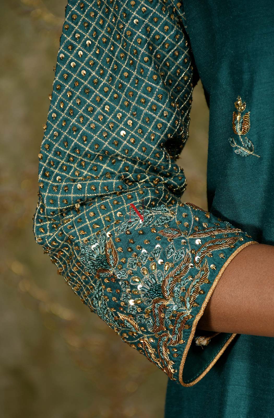 Dark Turquoise Pure Muga Hand Embroidered Suit Set - Naksheband