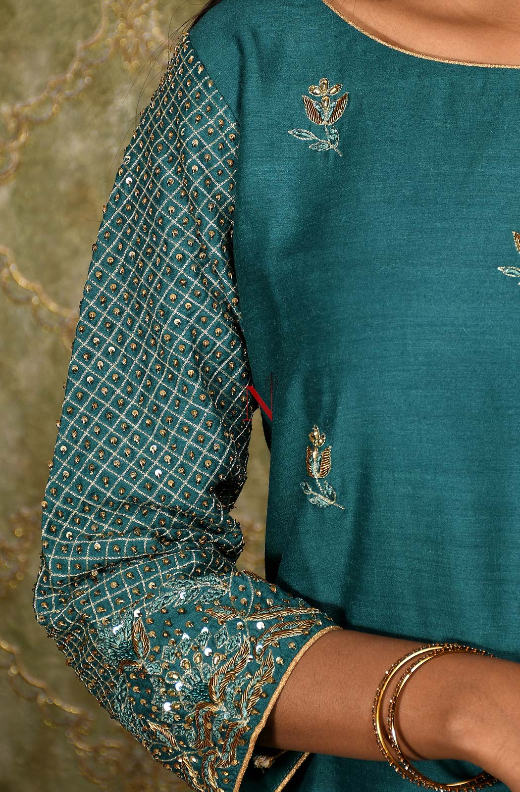 Dark Turquoise Pure Muga Hand Embroidered Suit Set - Naksheband
