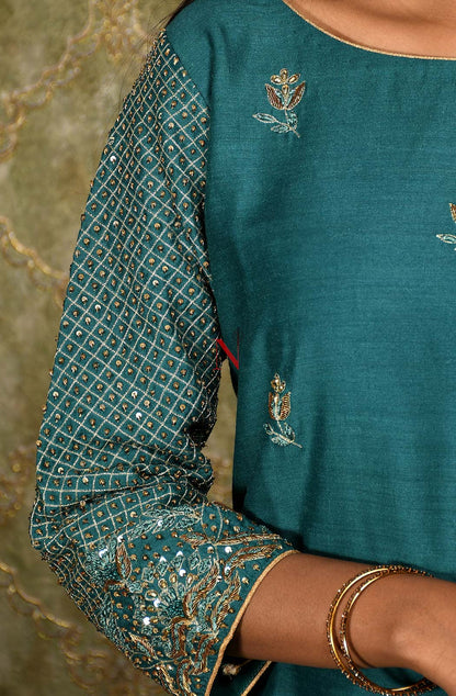 Dark Turquoise Pure Muga Hand Embroidered Suit Set - Naksheband