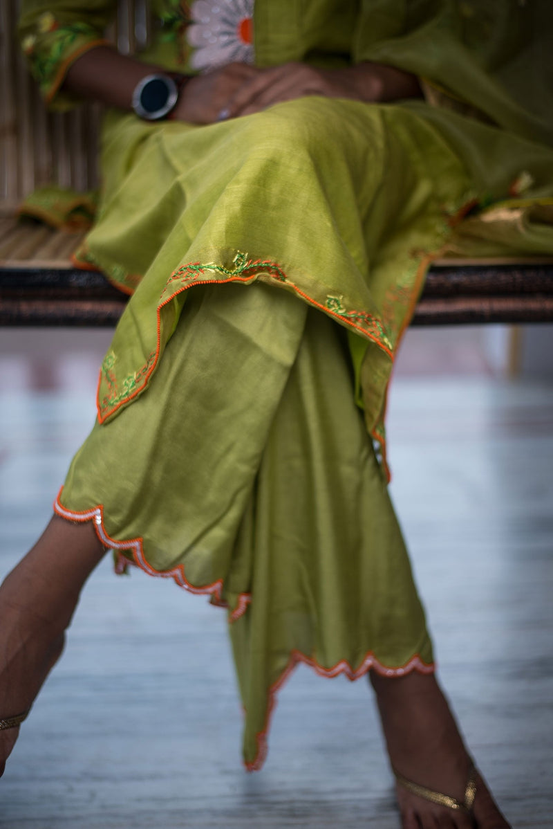 Green Color Pure Silk Chanderi Suit Set Embroidery - Olive - Naksheband