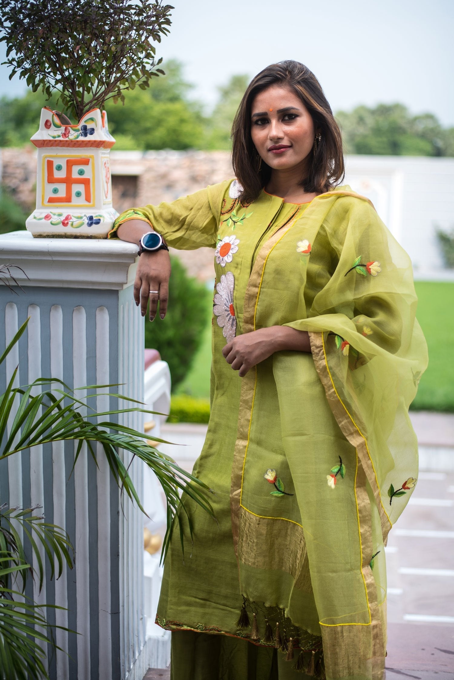 Green Color Pure Silk Chanderi Suit Set Embroidery - Olive - Naksheband