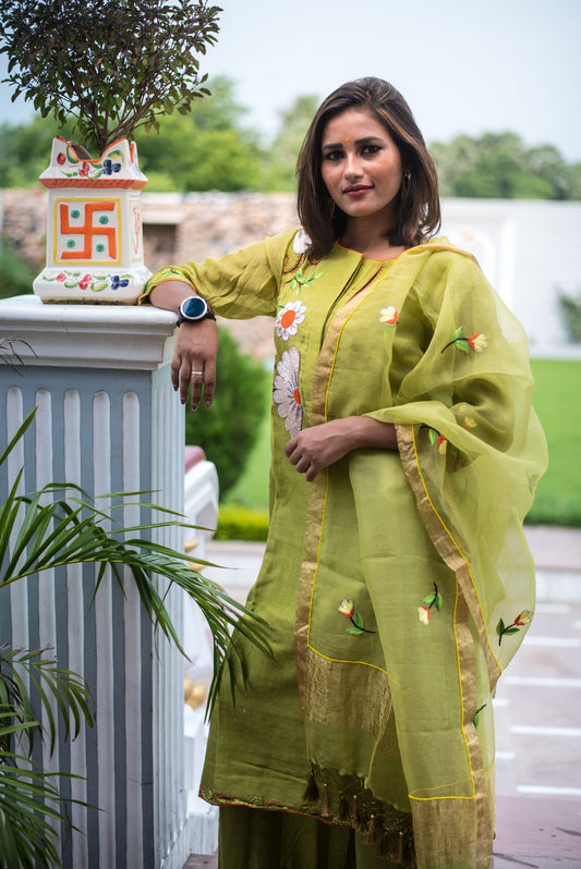 Green Color Pure Silk Chanderi Suit Set Embroidery - Olive - Naksheband