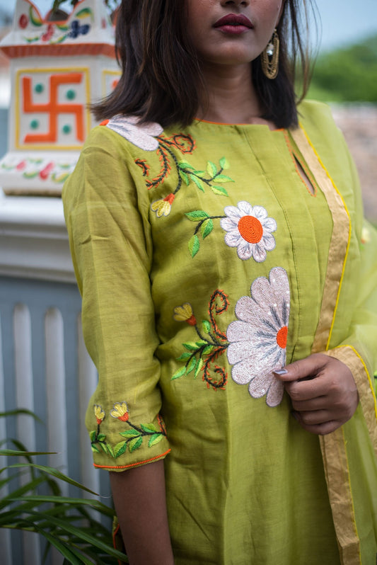 Green Color Pure Silk Chanderi Suit Set Embroidery - Olive - Naksheband