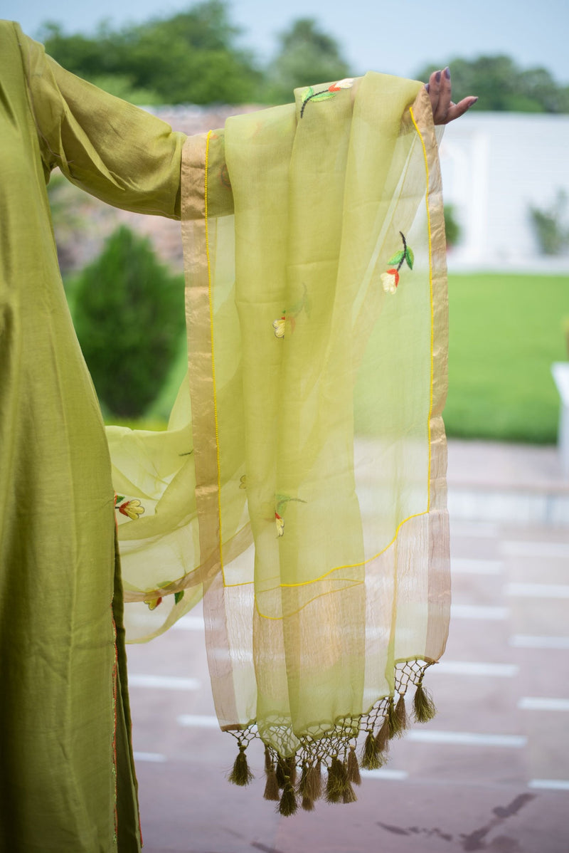 Green Color Pure Silk Chanderi Suit Set Embroidery - Olive - Naksheband