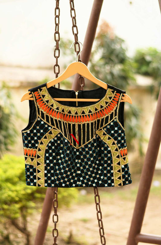 Black Imported Satin Net Hand Embroidered Designer Blouse (RAVAN) - Naksheband