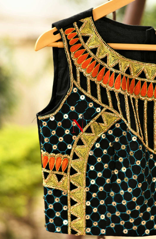 Black Imported Satin Net Hand Embroidered Designer Blouse (RAVAN) - Naksheband