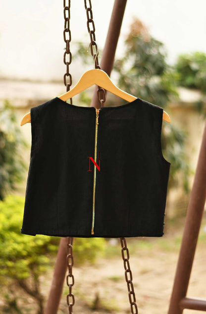 Black Imported Satin Net Hand Embroidered Designer Blouse (RAVAN) - Naksheband
