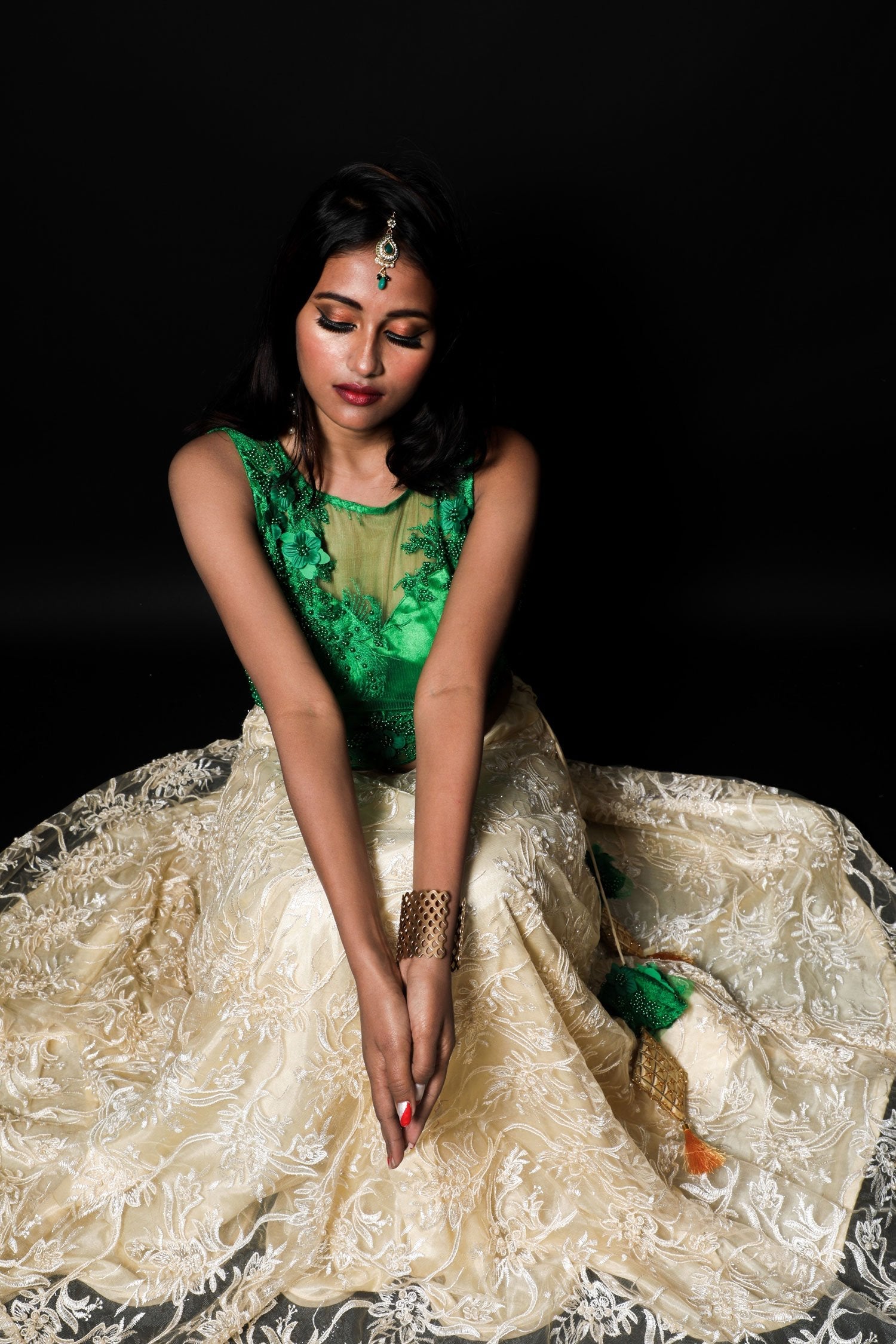 Forest Green And Cream Color Indowestern Designer Skirt Set - Radiant - Naksheband