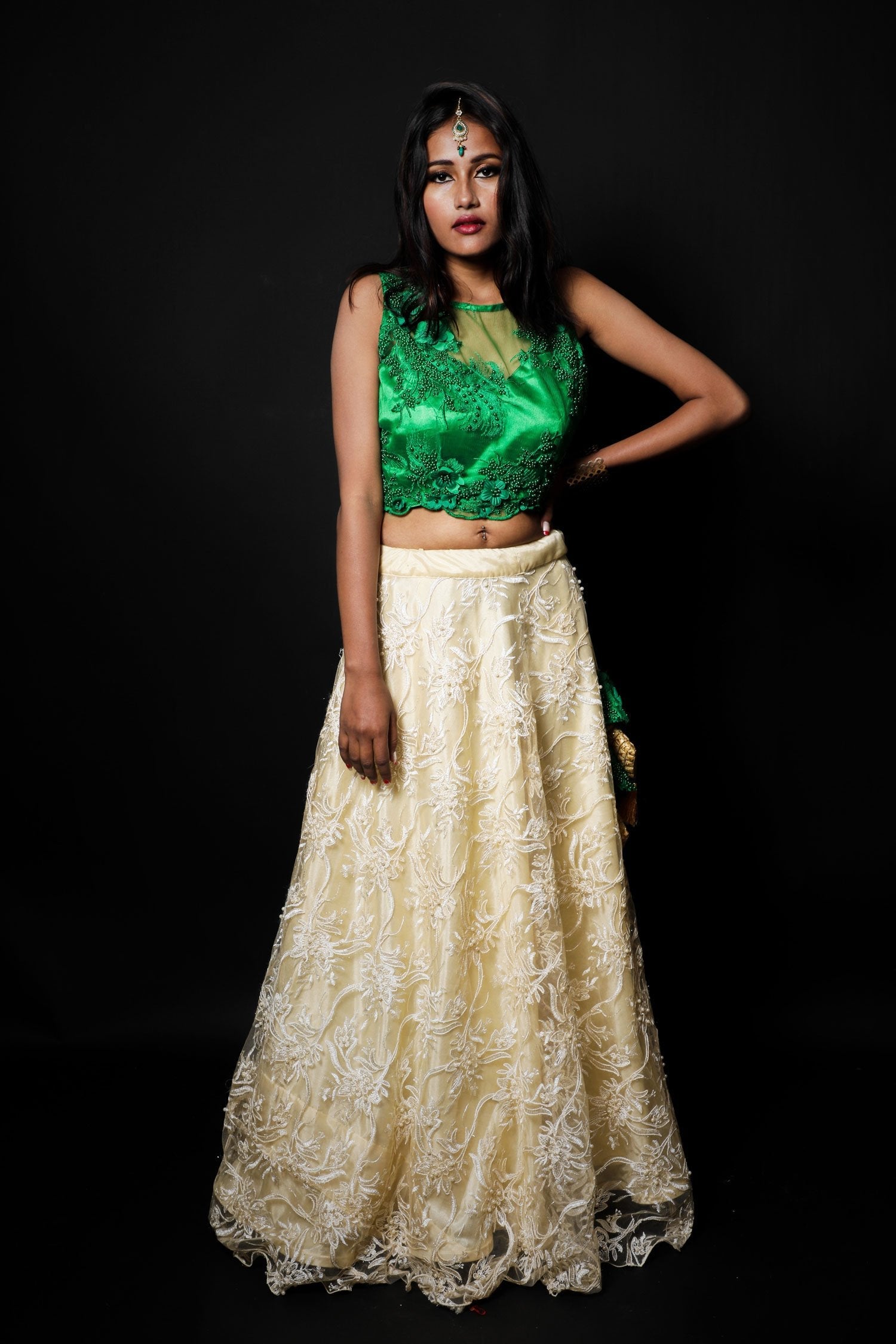 Forest Green And Cream Color Indowestern Designer Skirt Set - Radiant - Naksheband