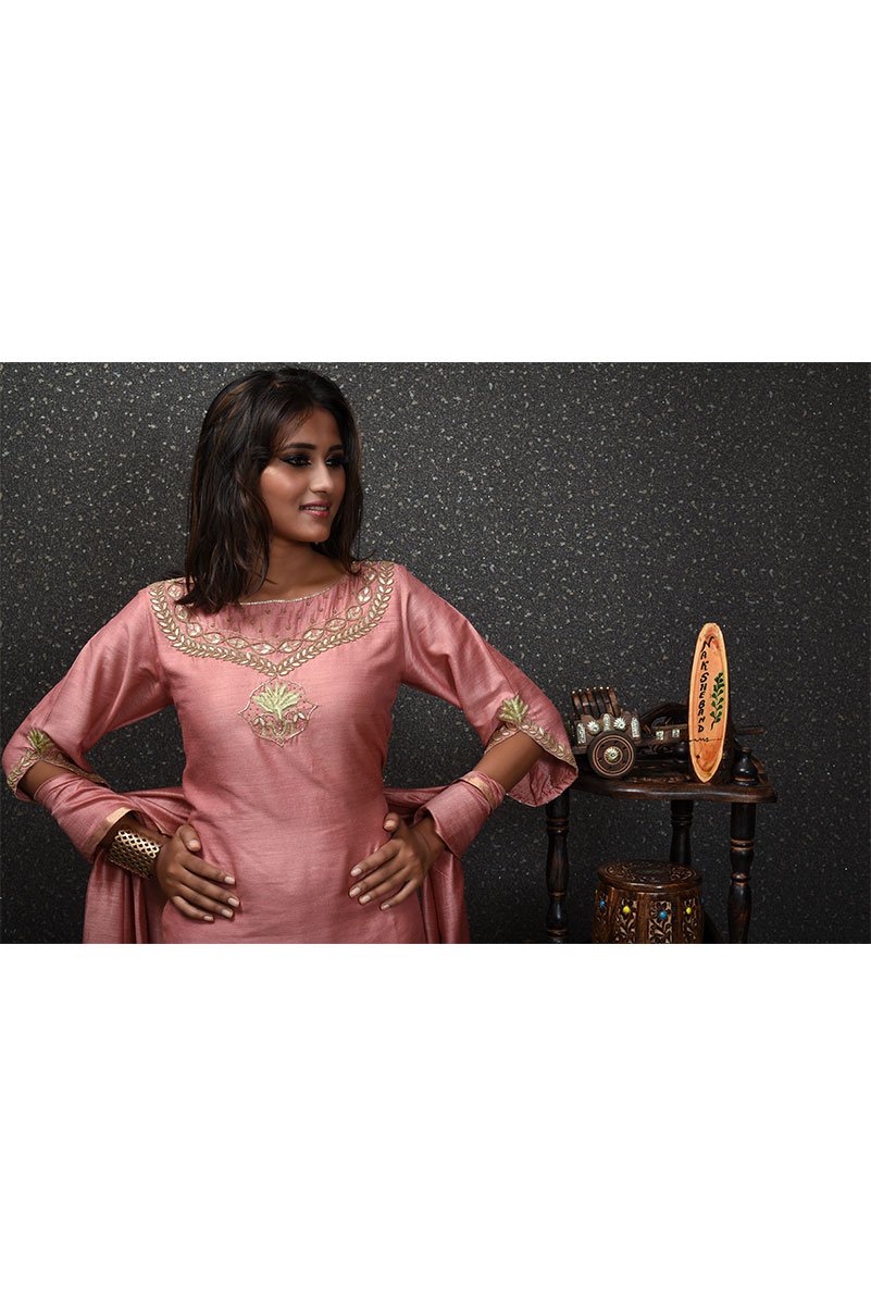 Coral Peach Color Pure Muga Silk Suit Set Gotta Patti Embroidery - Flamingo - Naksheband