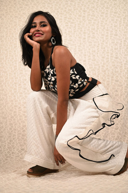 Black And White Color Indowestern Designer High Waist Plazzo Top Set - Snow White - Naksheband