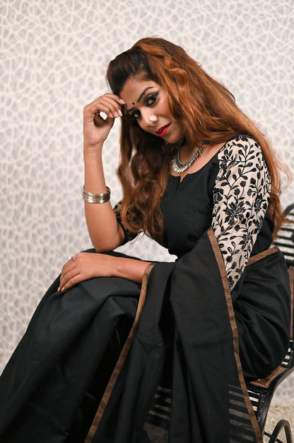 Black Color Designer Pure Silk Chanderi Black Saree - Soot Sable - Naksheband
