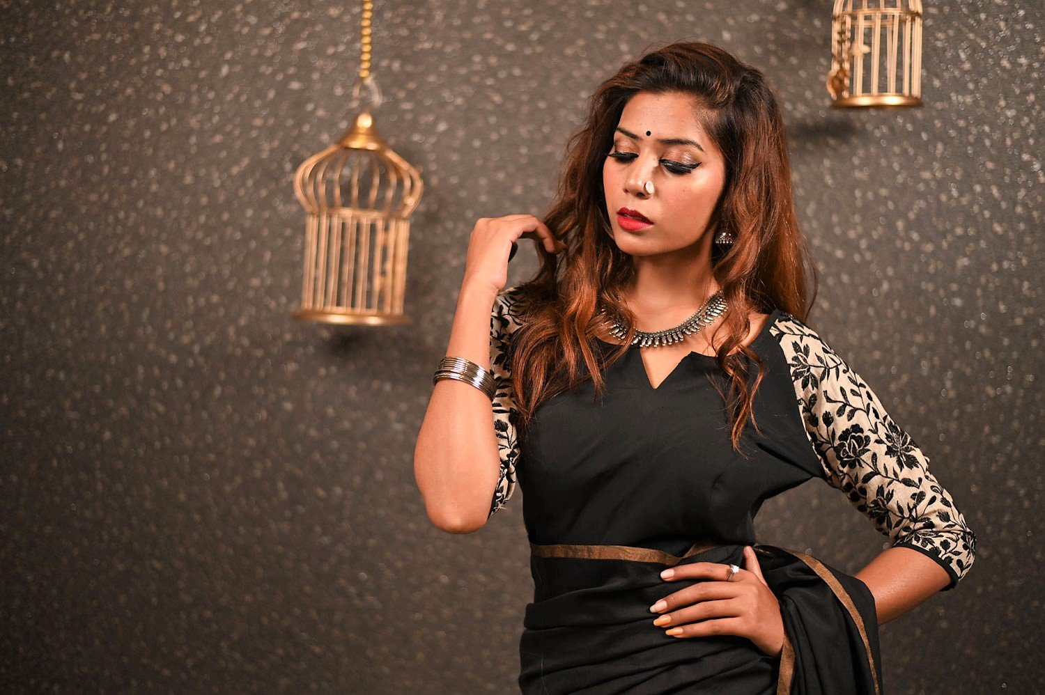 Black Color Designer Pure Silk Chanderi Black Saree - Soot Sable - Naksheband