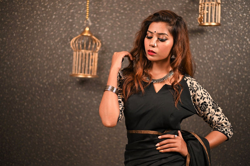 Black Color Designer Pure Silk Chanderi Black Saree - Soot Sable - Naksheband