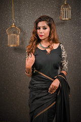 Black Color Designer Pure Silk Chanderi Black Saree - Soot Sable - Naksheband