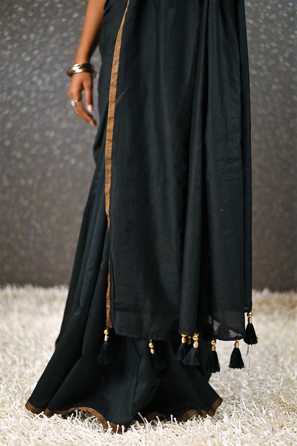Black Color Designer Pure Silk Chanderi Black Saree - Soot Sable - Naksheband