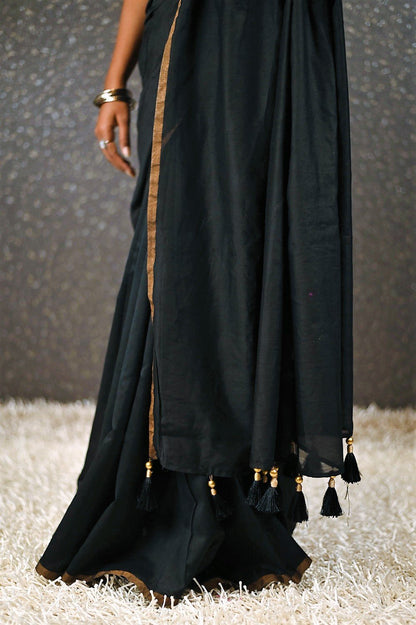 Black Color Designer Pure Silk Chanderi Black Saree - Soot Sable - Naksheband