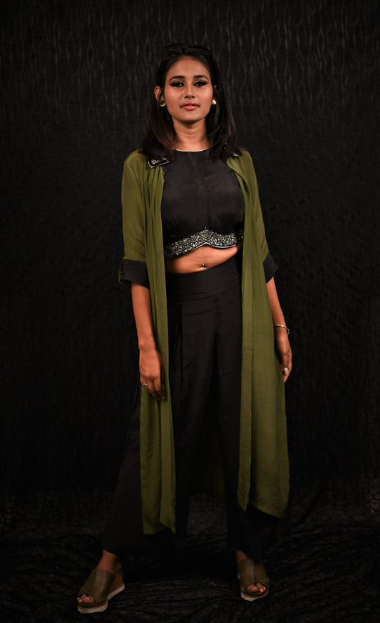 Olive Green And Black Color Indowestern Designer Three Piece - Olive Pearl - Naksheband