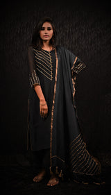 Black Color Pure Chanderi Silk Suit Set Embroidery - Sand Castle - Naksheband