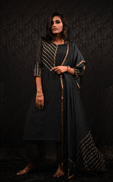 Black Color Pure Chanderi Silk Suit Set Embroidery - Sand Castle - Naksheband